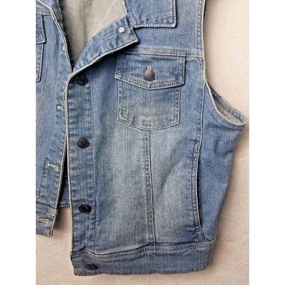 J.Jill Denim Trucker Vest Women L Cotton Blend Wash Blue Distress Pockets - Picture 3 of 13